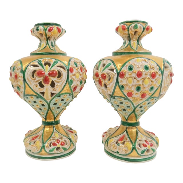 Antique Italian Polychrome and Gilt Embossed Reticulated Majolica Jewel Urns - a Pair For Sale