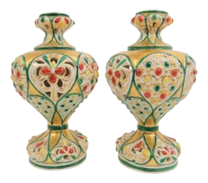 Antique Italian Polychrome and Gilt Embossed Reticulated Majolica Jewel Urns - a Pair