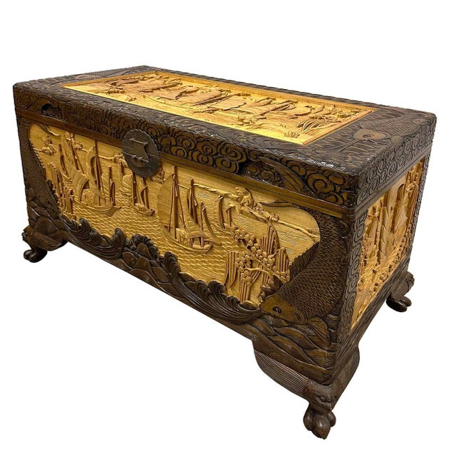 Early 20th Century Early 20th Century Chinese Carved Camphor Wood Hope Chest For Sale - Image 5 of 16