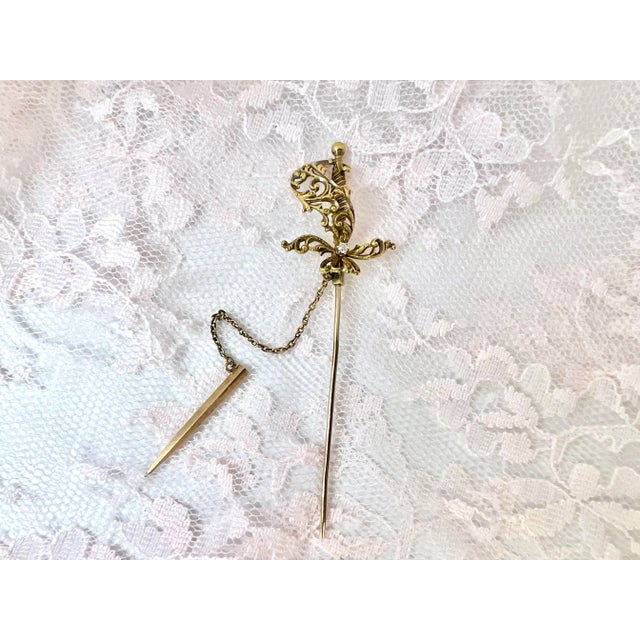 Gold Antique 14k Victorian Sword Jabot Pin, Old European Cut Diamond For Sale - Image 8 of 8