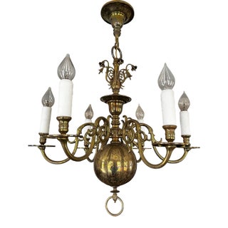 Vintage 1920s Six Arm Brass Chandelier With Dolphins For Sale