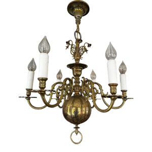 Vintage 1920s Six Arm Brass Chandelier With Dolphins