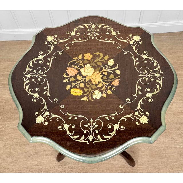 Vintage Italian Rococo Floral Marquetry Fruitwood Turtle Top Side Table For Sale - Image 4 of 12