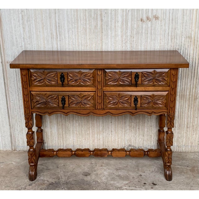 19th century Spanish antique walnut console sofa table with the four drawers and original iron hardware. You can use like...
