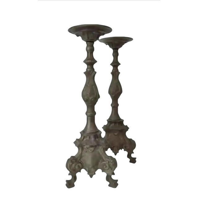 Vintage Bronze Altar Style Candle Holders- A Pair For Sale - Image 9 of 9