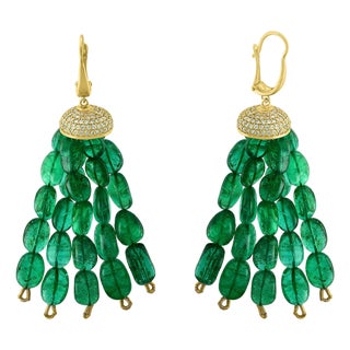 150 Carat Emerald Beads and Diamond Hanging/ Drop Earrings 14 Karat Yellow Gold For Sale