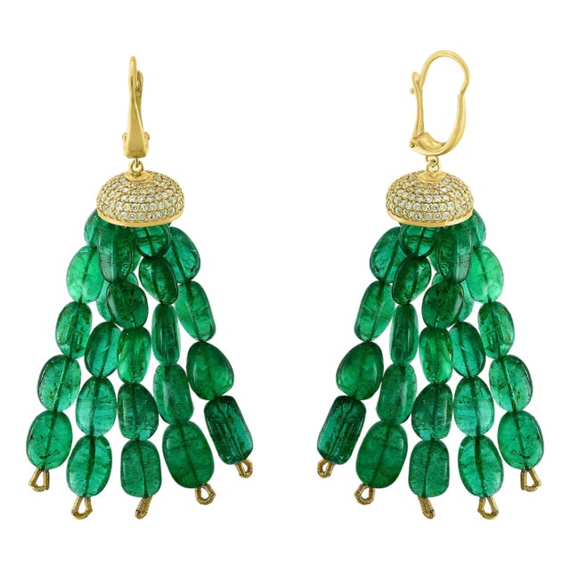 150 Carat Emerald Beads and Diamond Hanging/ Drop Earrings 14 Karat Yellow Gold For Sale