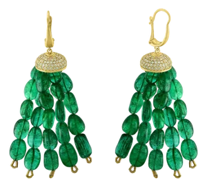 150 Carat Emerald Beads and Diamond Hanging/ Drop Earrings 14 Karat Yellow Gold