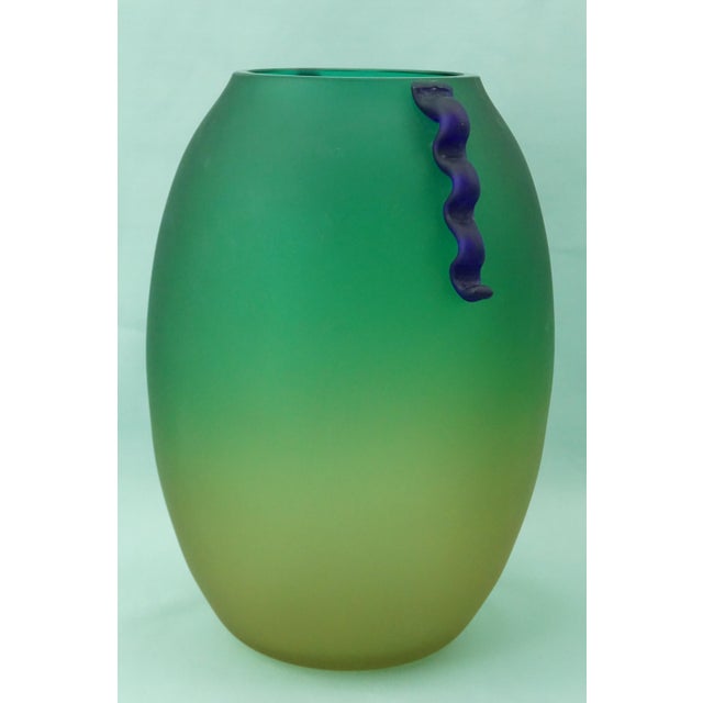 Green and Yellow Acid-Etched Opaque Murano Glass Deco Vase, Venice, Italy, 1950s For Sale - Image 9 of 18