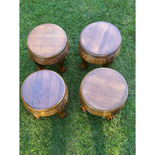 Asian 1970s Vintage, Hand-Carved, Fruitwood Coffee Table Set, Complete With Round Protective Glass and Four Matching Stools - Set of 6 For Sale - Image 3 of 12