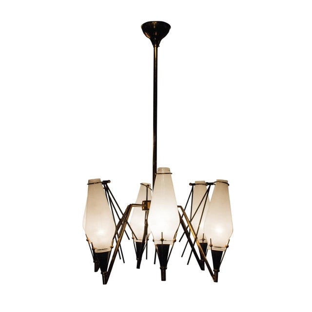 Mid-Century Modern Circular Gold White Brass and Glass Pendant Lamp, Italy, 1950s For Sale - Image 9 of 9