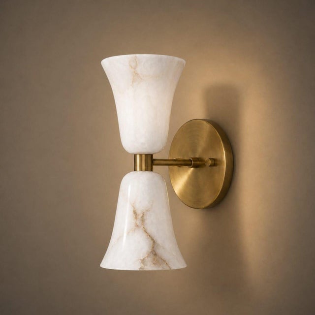 Contemporary Contemporary Brass & Natural Alabaster Double Wall Sconces, Bathroom Vanity & Bedroom Lighting - Set of 2 For Sale - Image 3 of 7