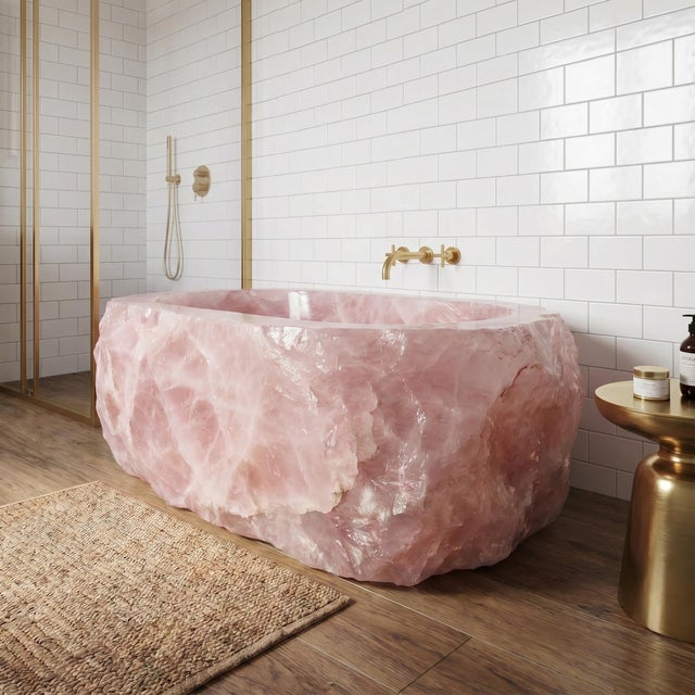 Modern Luxury Natural Rose Quartz Freestanding Bathtub, Handcrafted Pink Crystal Stone Soaking Tub For Sale - Image 3 of 9