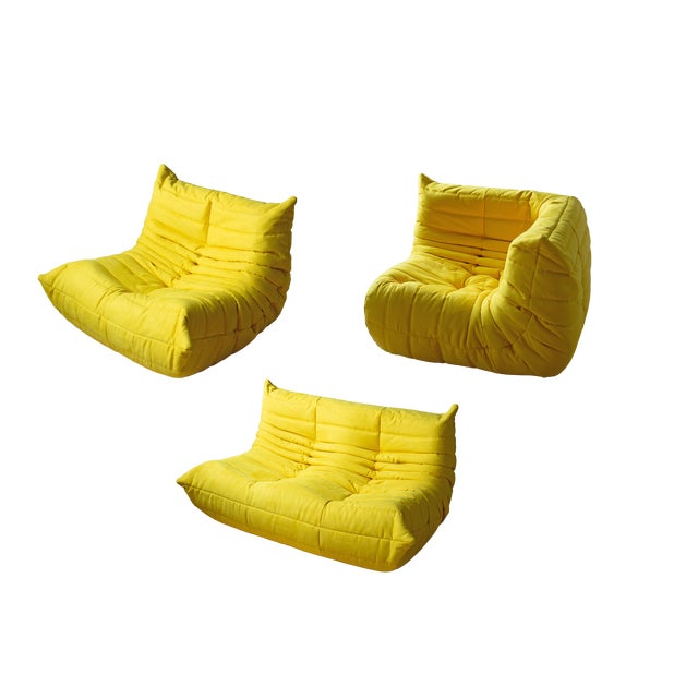 Yellow Microfiber Togo Lounge Chair, Corner Chair and 2-Seat Sofa by Michel Ducaroy for Ligne Roset, Set of 3 For Sale