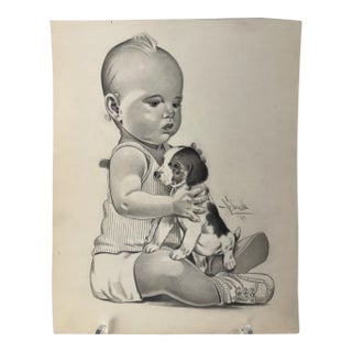 1940s Original Signed Graphite Illustration of Child Holding Puppy, 11.5 × 9 In. For Sale