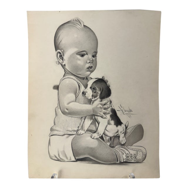 1940s Original Signed Graphite Illustration of Child Holding Puppy, 11.5 × 9 In. For Sale