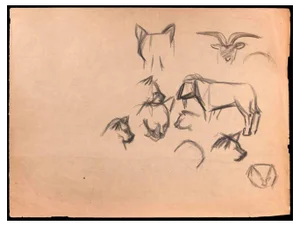 Cat, Dog and Goat, Original Drawing, Early 20th-Century