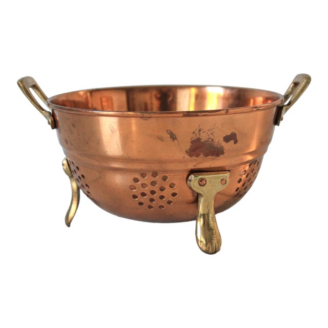 Vintage Copper & Brass Footed Colander W/ Handles For Sale