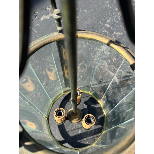 1950s 3-Light Brass & Belved Glass Cylinder Foyer Chandelier / Lantern For Sale - Image 4 of 12