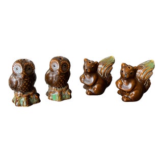 Vintage Ceramic Owl and Squirrel Salt & Pepper Shakers, Set of 4 For Sale