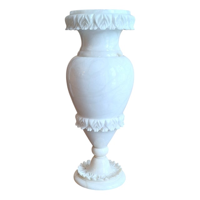Large Vintage Mood Table Lamp in White Carved Alabaster, 1970s For Sale