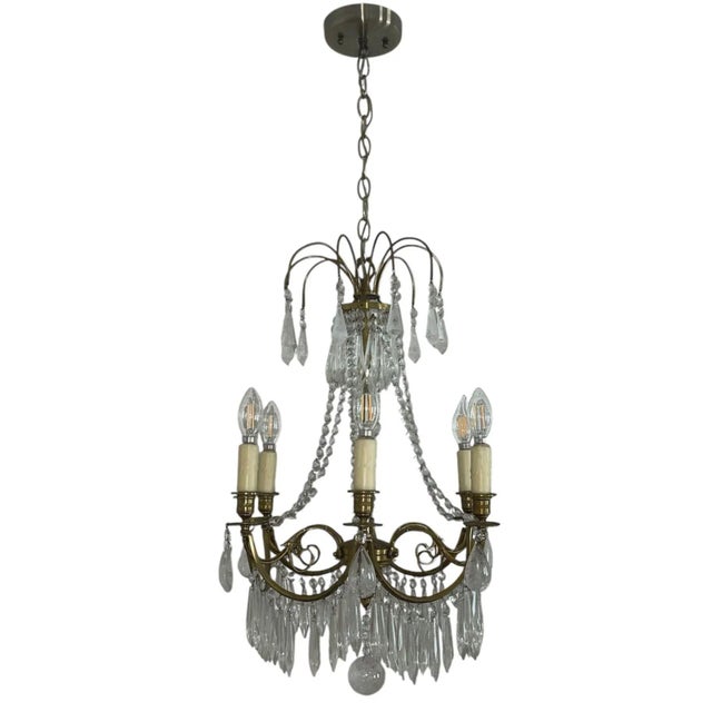 Pair of French Brass Chandeliers With Rock Crystal & Glass. Early 20th Century. For Sale - Image 4 of 7