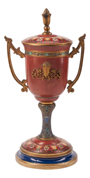 19th Century Trophy Form French Champleve and Cloisonne Vase with Cover