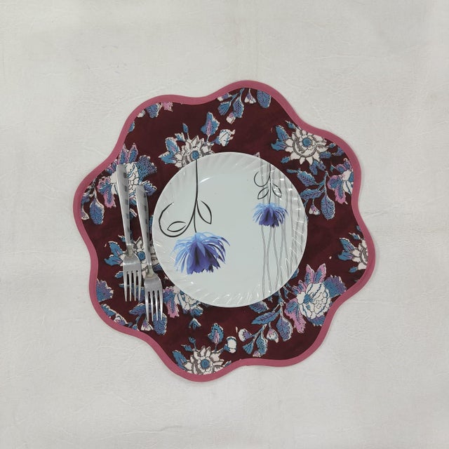 Modern Handmade Round Scalloped Burgundy Botanical Placemats with Pink Trim - Set of 4 For Sale - Image 3 of 7