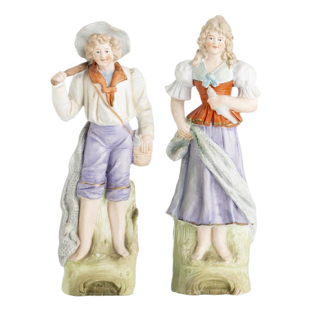 Porcelain Fishing Couple, 19th Century, Set of 2 For Sale