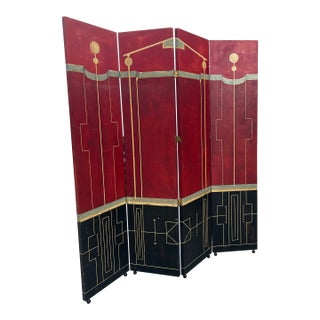 1970s Large Bright Red Art Deco Screen With Gold Accents For Sale