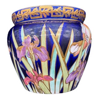 Early 20th Century French Art Nouveau Enameled Faience Planter Vase, Creil Et Montereau For Sale
