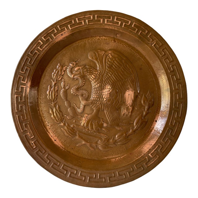 Large 23" Mexican Mid Century Hand Hammered Solid Copper Round Wall Plaque For Sale