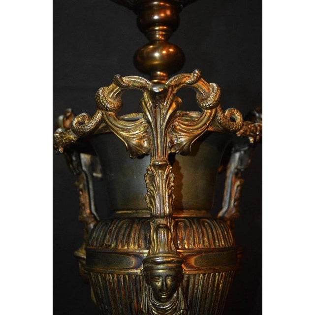 Gothic Revival Bronze Three-Handled Urn Table Lamp with Vianne Flame Shade For Sale - Image 3 of 18