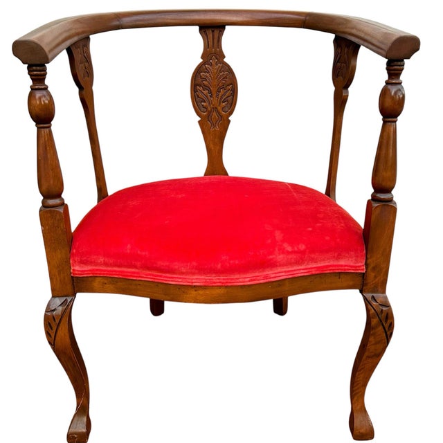 Antique Edwardian Mahogany Tub Chair With Red Suede Seat. Beautiful mahogany tub chair with hand carved floral designs to...
