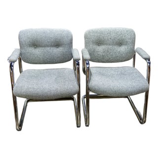 Modern Chrome Cantilever Armchairs With Gray Tufted Upholstery a Pair For Sale