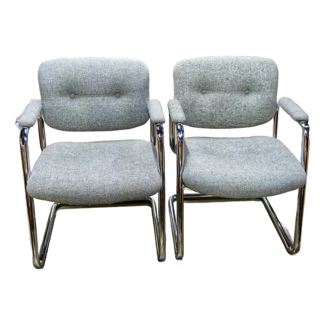Modern Chrome Cantilever Armchairs With Gray Tufted Upholstery a Pair For Sale
