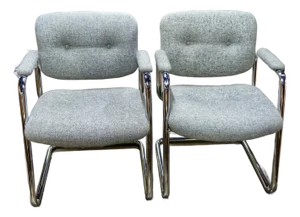 Modern Chrome Cantilever Armchairs With Gray Tufted Upholstery a Pair