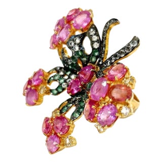Bochic "Orient" Multi Sapphires & Ruby Cocktail Ring Set In 18K Gold & Silver For Sale