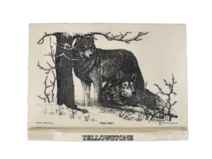 1990s Vintage Bernie Brown Etched Marble "Silent Stare" Wolves on Marble Plaque