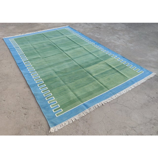 Textile Handmade Cotton Vegetable Dyed Green Zig Zag Pattern Rug - 6'x9' For Sale - Image 7 of 11