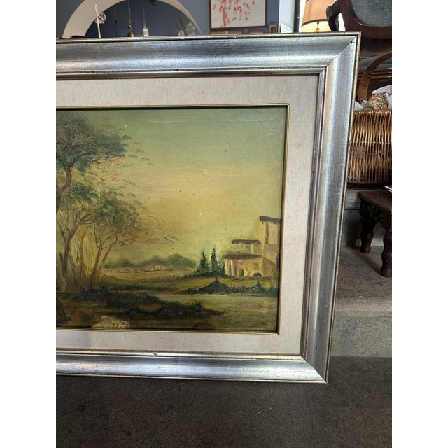 Mid 20th Century Lake Landscape with Farmhouses, 1950s, Oil on Canvas, Framed For Sale - Image 5 of 8