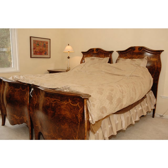 Inlaid walnut pair of Italian 19th century twin beds with bombe headboards and footboards. Superior craftsmanship with...