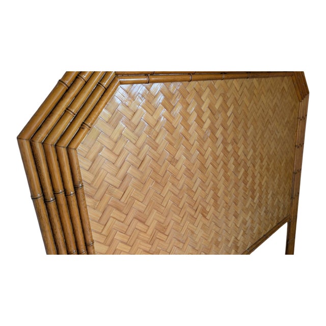 Ornamental & Decorative Materials Vintage Faux Bamboo Full Headboard With Herringbone Parquet Rattan, in the Style of Dixie For Sale - Image 7 of 10