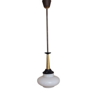 Mid-Century Brass and Black Lacquered Metal Ceiling Lamp with White Opaque Glass Shade, 1960s For Sale