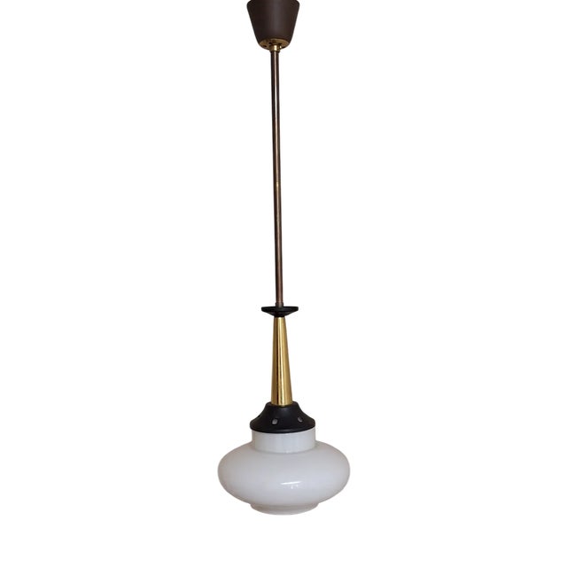 Mid-Century Brass and Black Lacquered Metal Ceiling Lamp with White Opaque Glass Shade, 1960s For Sale