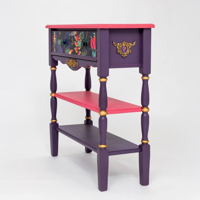 Pink & Purple Artisan Bohemian Console Table With Birds For Sale - Image 4 of 15