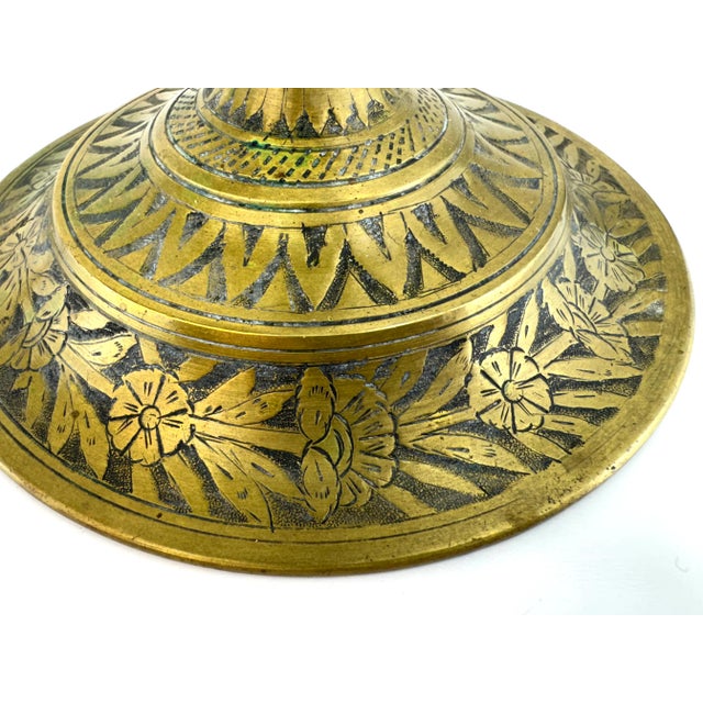 Ornate Vintage Brass Five-Arm Candelabra With Stylized Lions and Hand-Etched Detail For Sale - Image 11 of 16