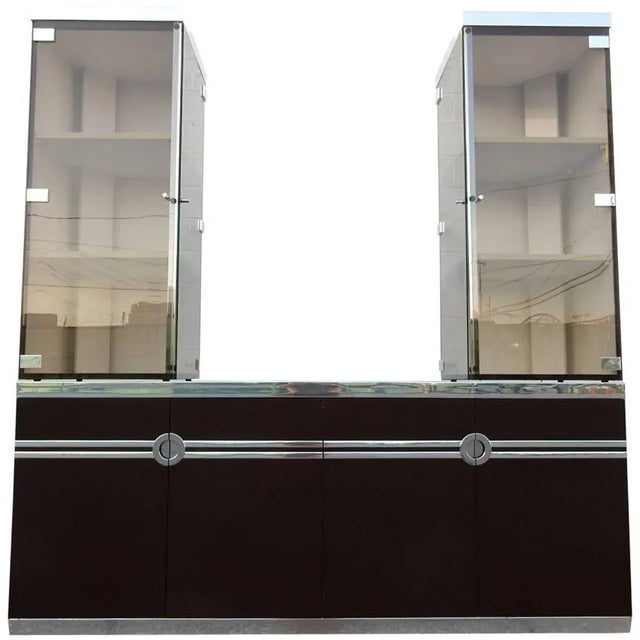 Signed Pierre Cardin buffet with rare additional lighted glass tower hutches on either side which open from both front and...