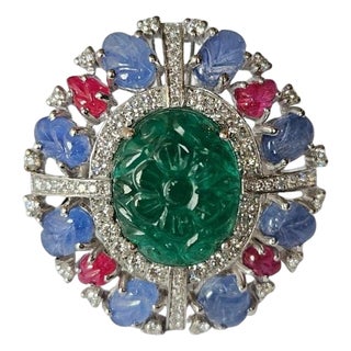 Set in 18k Gold, Carved Emerald, Blue Sapphires, Rubies & Diamonds Cocktail Ring, Size 6 For Sale