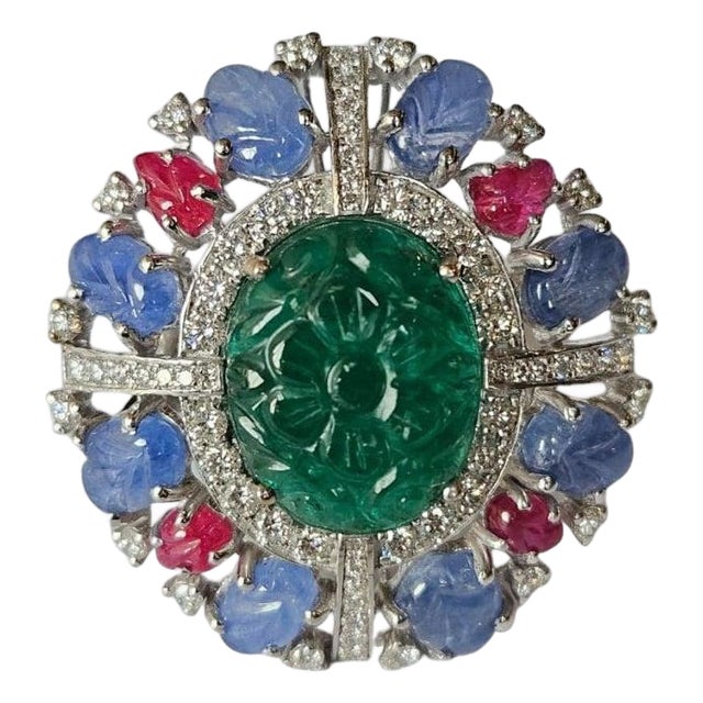 Set in 18k Gold, Carved Emerald, Blue Sapphires, Rubies & Diamonds Cocktail Ring, Size 6 For Sale